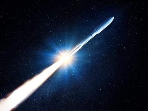 A rocket flies up into a starry sky at an angle to the right.
