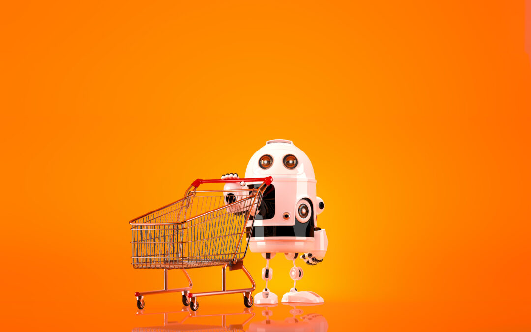 Robot with shopping cart.