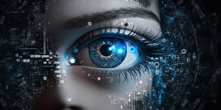 Large enhanced eye. Artificial intelligence monitoring AI concept