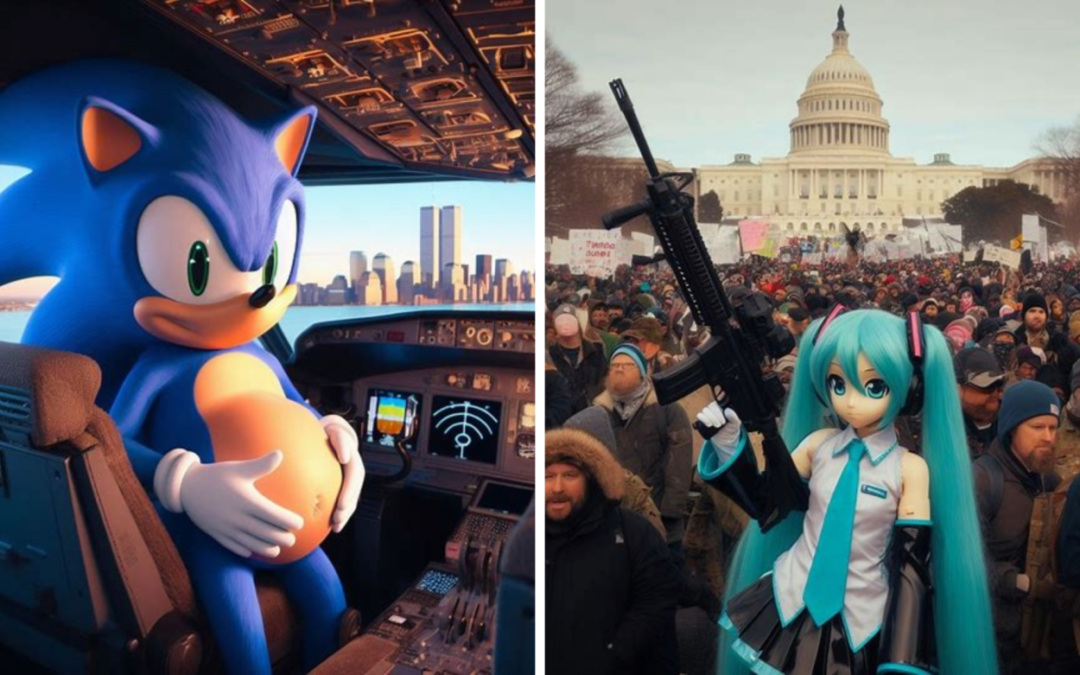 Left: A pregnant Sonic the Hedgehog pilots a plane with the smoking Twin Towers in the background. Right: Hatsune Miku holds a gun in a crowd of insurrectionists at the U.S. Capitol.