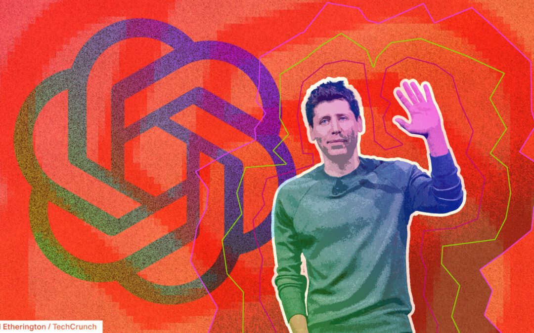 An illustration of Sam Altman in front of the OpenAI logo