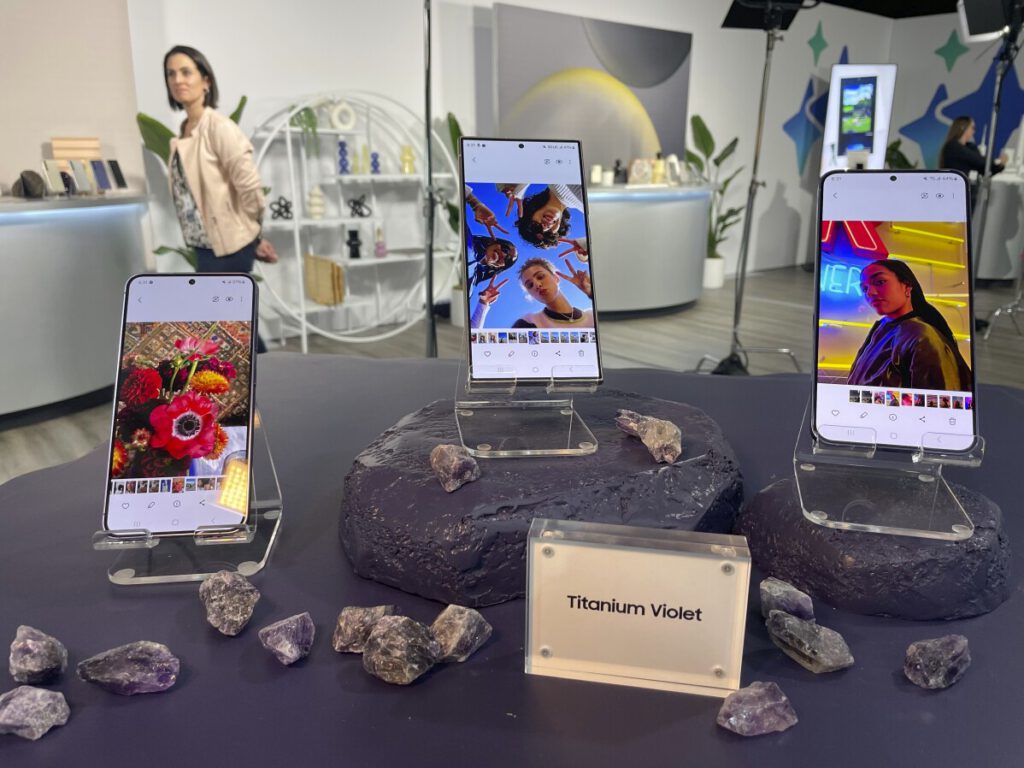 The new line-up of Samsung Galaxy S24 phones on display at a preview event in San Jose, Calif. on Wednesday, Jan. 17, 2024. The sales pitch for the Galaxy S24 phones revolves around an array of new features powered by artificial intelligence, or AI, in contrast to Samsung