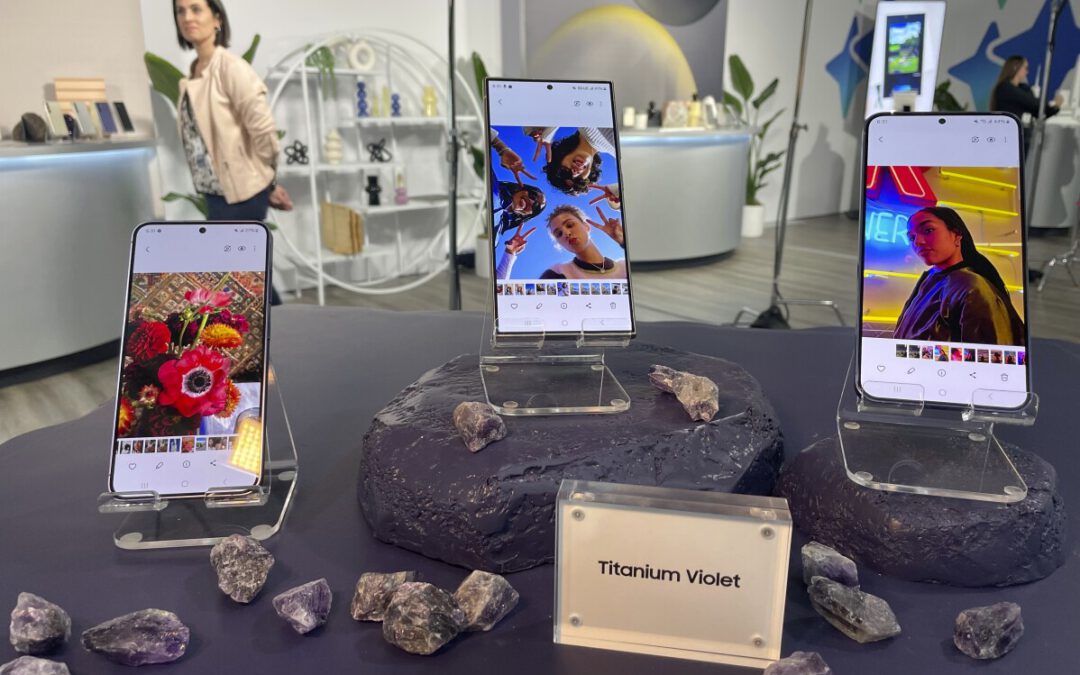 The new line-up of Samsung Galaxy S24 phones on display at a preview event in San Jose, Calif. on Wednesday, Jan. 17, 2024. The sales pitch for the Galaxy S24 phones revolves around an array of new features powered by artificial intelligence, or AI, in contrast to Samsung