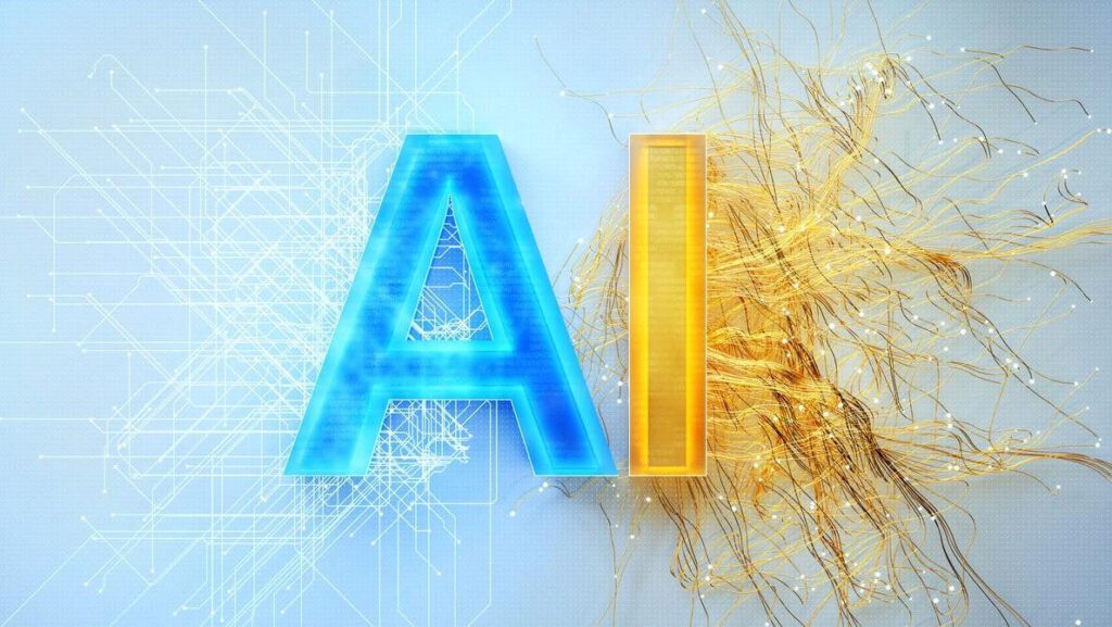 Digital image of letters “AI”, with the “I” splitting off into chaotic lines. The concept is problems caused by AI.